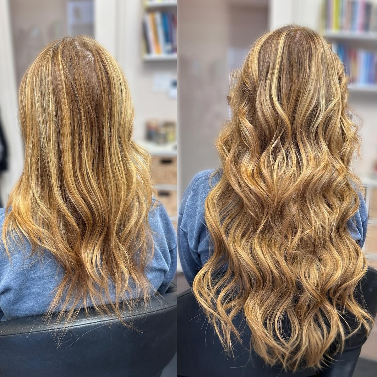 Hair Extensions before and after transformation photo showing added volume and length in dimensional strawberry blonde hair color in Dallas, TX.