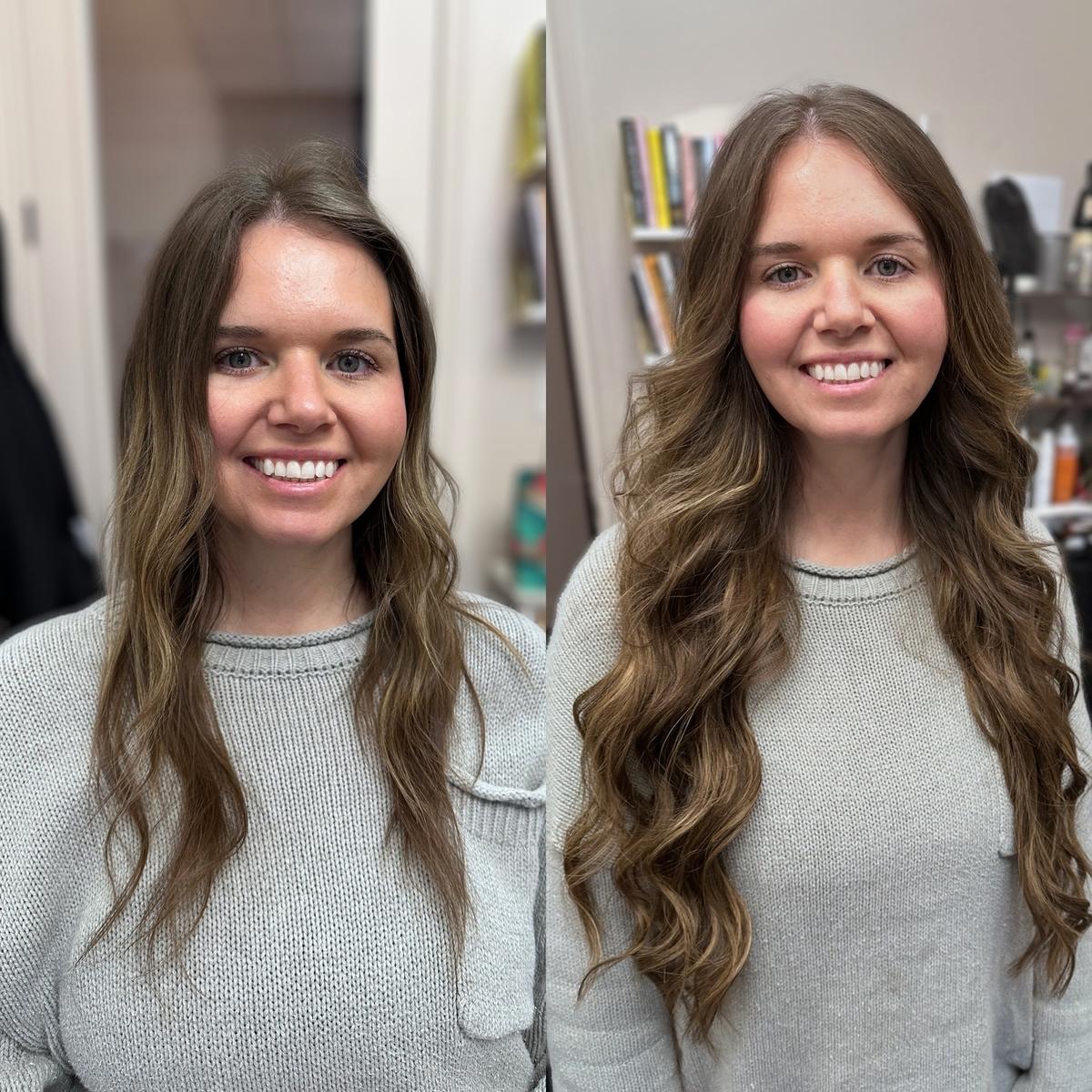 Before and after photo of a hair extension transformation in a light dimensional brunette color, the photo shows added length and volume with a happy client in Dallas, TX.