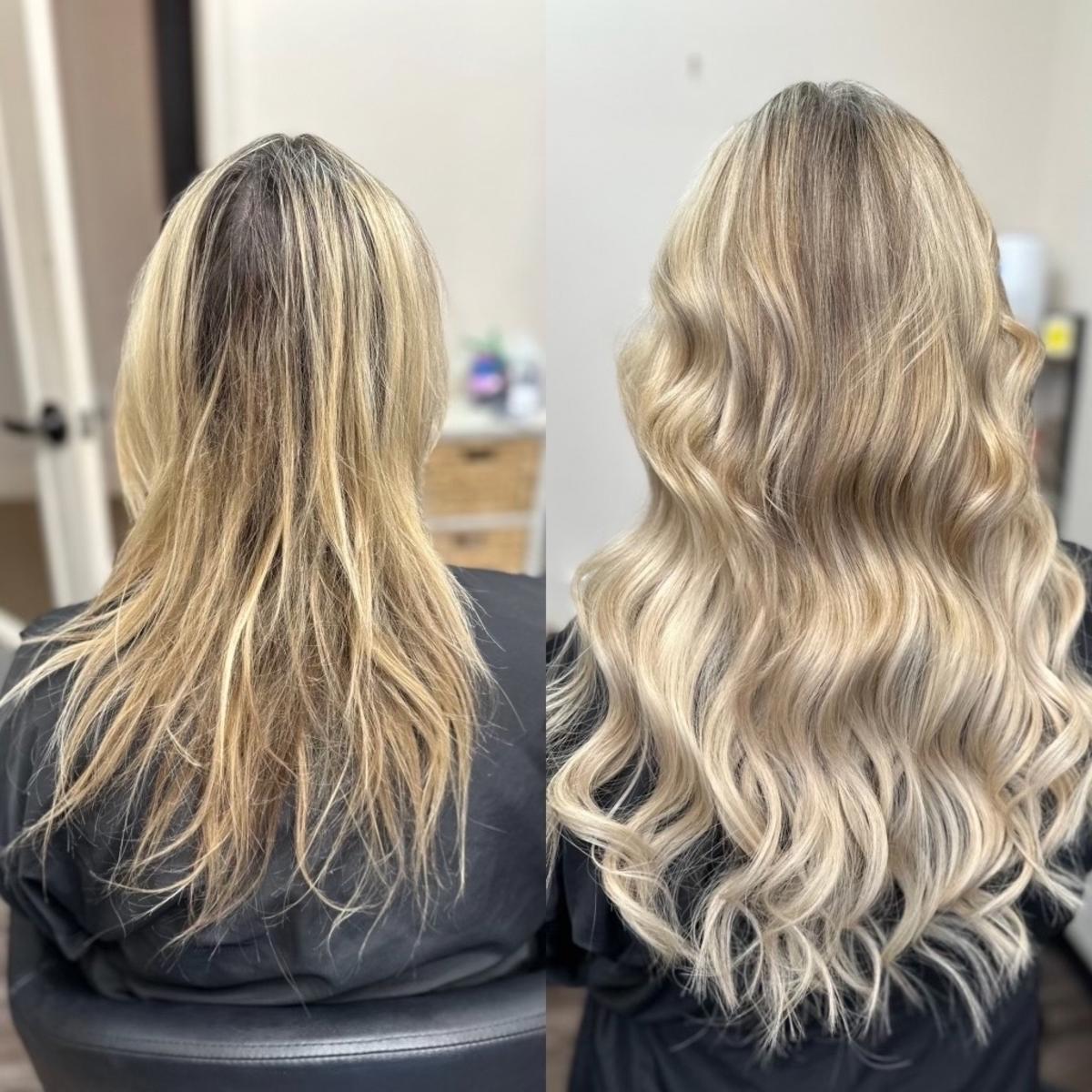 Blonde hair extensions transformation before and after for major length and volume in Dallas, TX